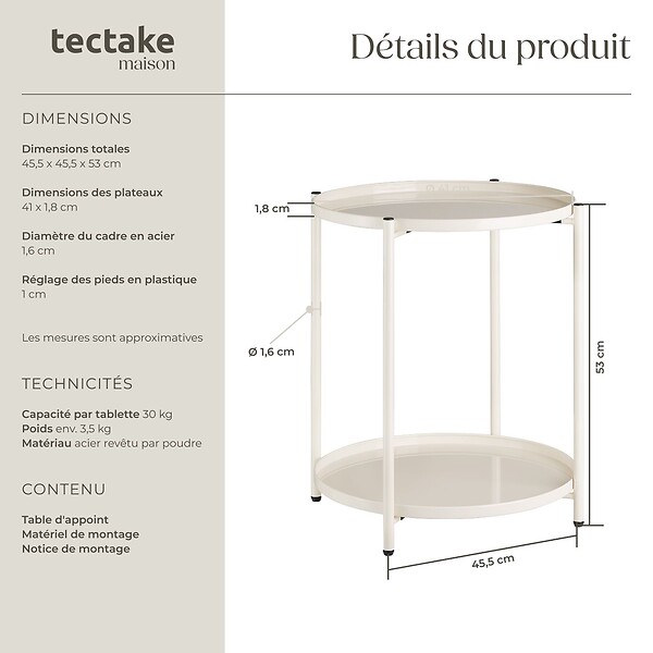 TECTAKE - Table d’appoint OXFORD crème - large
