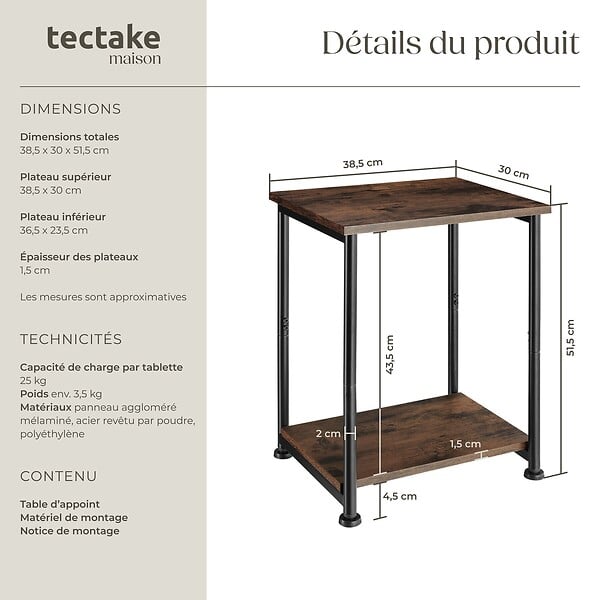 TECTAKE - Table d’appoint Yonkers 38,5x30x51,5cm Bois foncé industriel, rustique - large