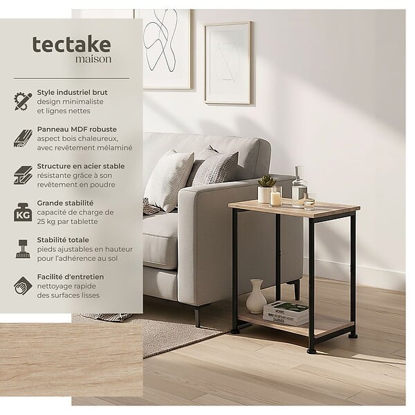 TECTAKE - Table d’appoint Yonkers 38,5x30x51,5cm Bois clair industriel, Chêne Sonoma - large
