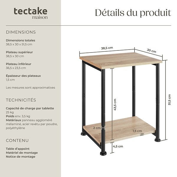 TECTAKE - Table d’appoint Yonkers 38,5x30x51,5cm Bois clair industriel, Chêne Sonoma - large