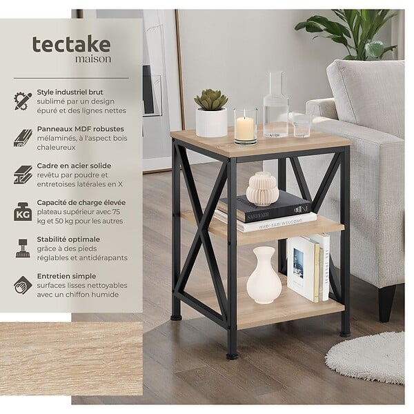 TECTAKE - Table d’appoint NOTTINGHAM 40,5x40,5x60,5cm Bois clair industriel, Chêne Sonoma - large
