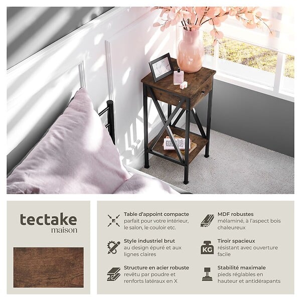 TECTAKE - Table d'appoint Dayton 35x35x70,5cm Bois foncé industriel, rustique - large