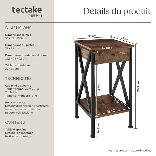 TECTAKE - Table d'appoint Dayton 35x35x70,5cm Bois foncé industriel, rustique - large