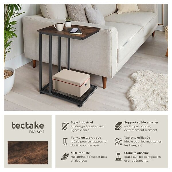TECTAKE - Table d’appoint ETON 48x35x66cm Bois foncé industriel, rustique - large