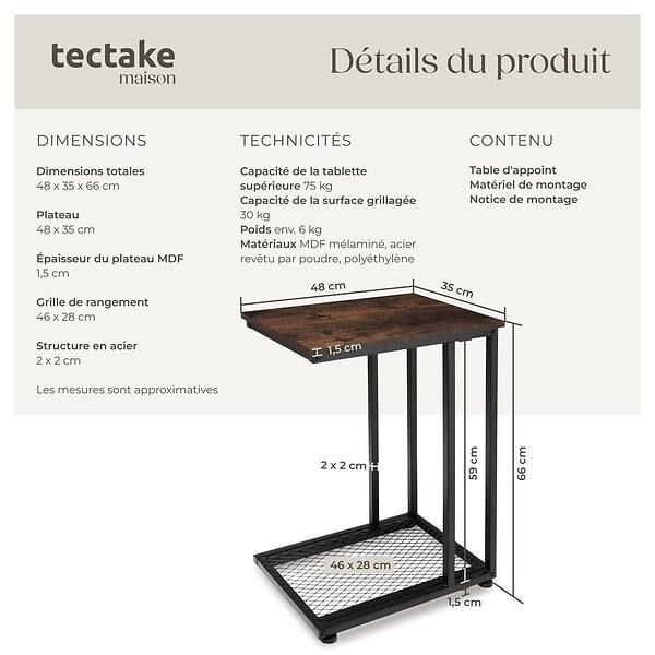TECTAKE - Table d’appoint ETON 48x35x66cm Bois foncé industriel, rustique - large