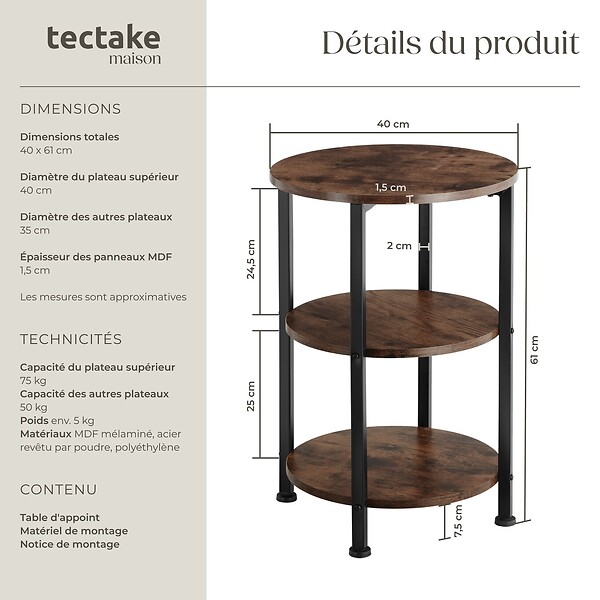 TECTAKE - Table d’appoint COLCHESTER 40x61cm Bois foncé industriel, rustique - large