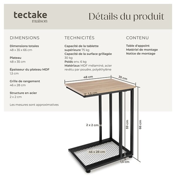 TECTAKE - Table d’appoint ETON 48x35x66cm Bois clair industriel, Chêne Sonoma - large