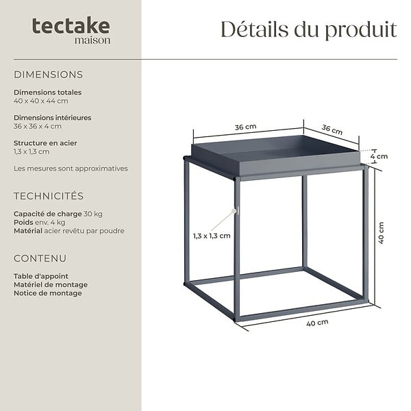 TECTAKE - Table d'appoint CAMBRIDGE 40x40x44cm gris foncé - large