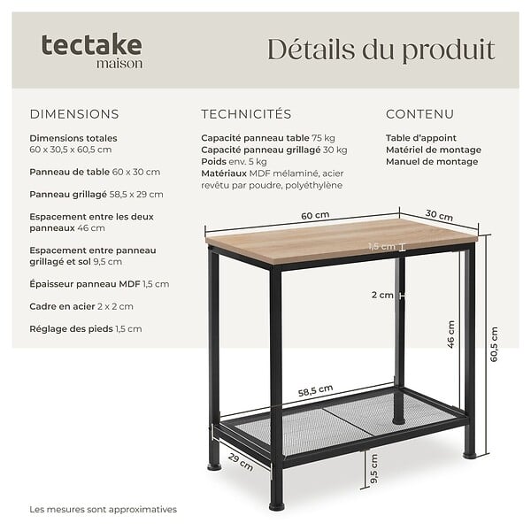 TECTAKE - Table d’appoint FILTON 60x30,5x60,5cm Bois clair industriel, Chêne Sonoma - large