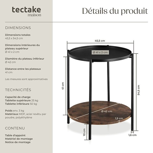 TECTAKE - Table d’appoint SUNDERLAND 45,5x54,5cm Bois foncé industriel, rustique - large