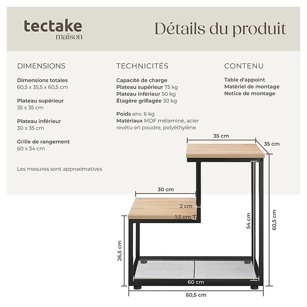 TECTAKE - Table d’appoint HALIFAX 60,5x35,5x60,5cm Bois clair industriel, Chêne Sonoma - large
