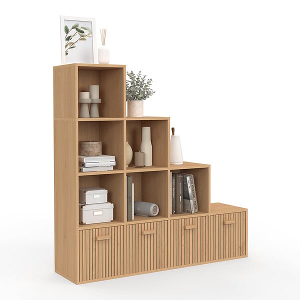 ID MARKET - Meuble de rangement en escalier LORYS 4 niveaux effet lattes JULIETTE avec 4 tiroirs en tissu - large
