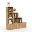 ID MARKET - Meuble de rangement en escalier LORYS 4 niveaux effet lattes JULIETTE avec 4 tiroirs en tissu - vignette