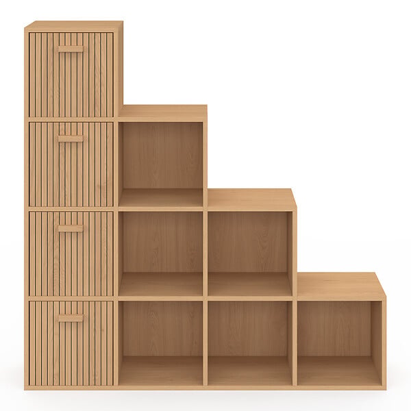 ID MARKET - Meuble de rangement en escalier LORYS 4 niveaux effet lattes JULIETTE avec 4 tiroirs en tissu - large