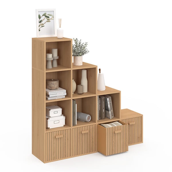 ID MARKET - Meuble de rangement en escalier LORYS 4 niveaux effet lattes JULIETTE avec 4 tiroirs en tissu - large