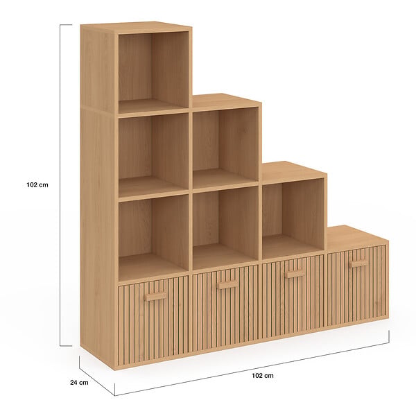 ID MARKET - Meuble de rangement en escalier LORYS 4 niveaux effet lattes JULIETTE avec 4 tiroirs en tissu - large
