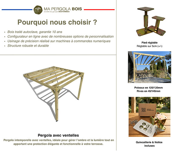 MA PERGOLA BOIS - Pergola bois - 5m x 4m - adossée - sens profondeur - livraison comprise - large