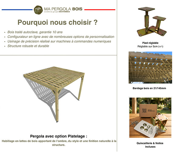 MA PERGOLA BOIS - Pergola bois - 5m x 4m - adossée - sens largeur - platelage bois - livraison comprise - large
