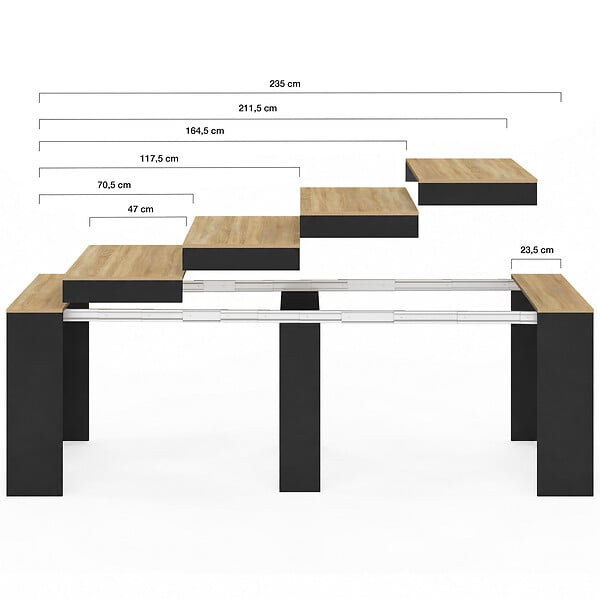 ID MARKET - Table console extensible ORLANDO 10 personnes 235 cm bois noir et façon hêtre - large