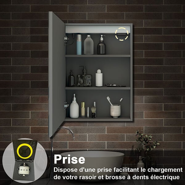 AICA SANITAIRE - Armoire Murale à 3 Étagères Salle de Bain Meuble de Rangement avec Miroir LED 3 Couleurs 70 x 13 x 50cm,Anthracite - large