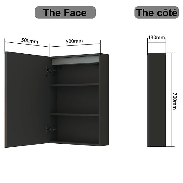 AICA SANITAIRE - Armoire Murale à 3 Étagères Salle de Bain Meuble de Rangement avec Miroir LED 3 Couleurs 70 x 13 x 50cm,Anthracite - large