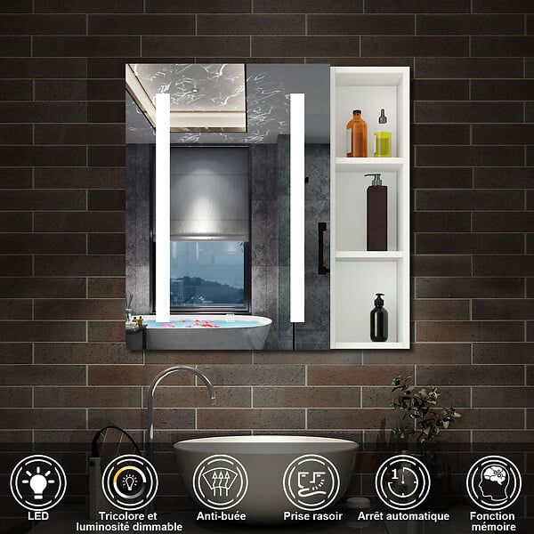 AICA SANITAIRE - Armoire Murale Miroir LED Salle de Bain Meuble de Rangement avec Étagères,Blanc - large