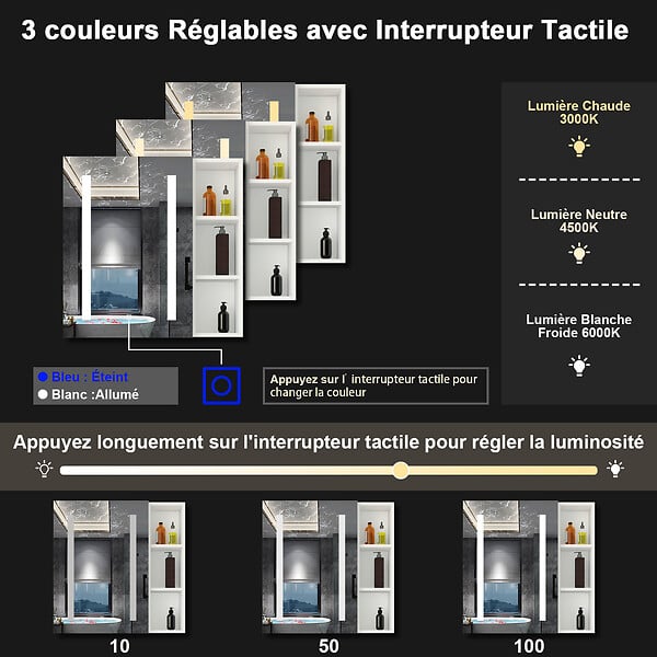 AICA SANITAIRE - Armoire Murale Miroir LED Salle de Bain Meuble de Rangement avec Étagères,Blanc - large
