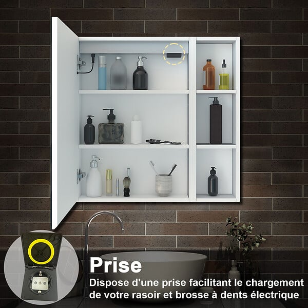 AICA SANITAIRE - Armoire Murale Miroir LED Salle de Bain Meuble de Rangement avec Étagères,Blanc - large