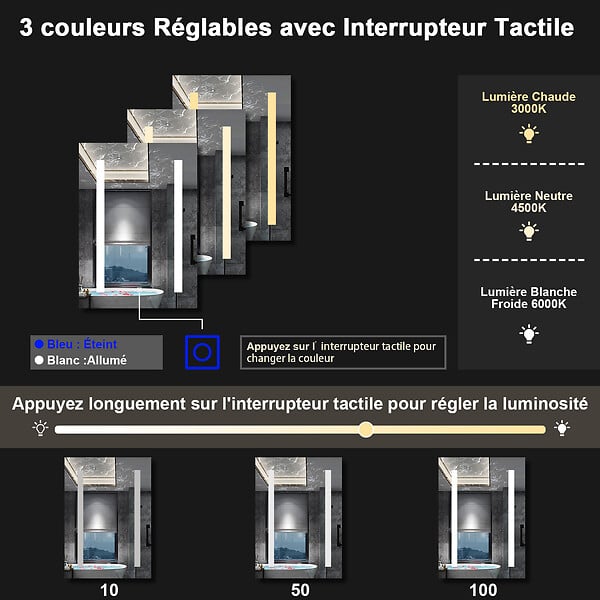 AICA SANITAIRE - Armoire Murale à 3 Étagères Salle de Bain Meuble de Rangement avec Miroir LED 3 Couleurs 70 x 13 x 40cm,Anthracite - large