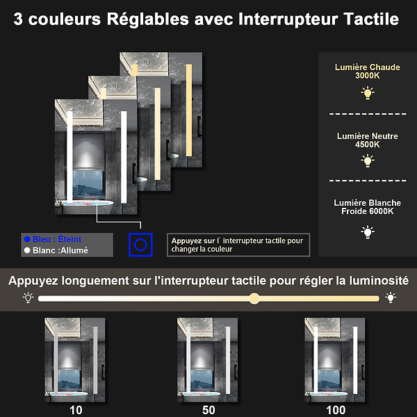AICA SANITAIRE - Armoire Murale à 3 Étagères Salle de Bain Meuble de Rangement avec Miroir LED 3 Couleurs 70 x 13 x 50cm,Blanc - large