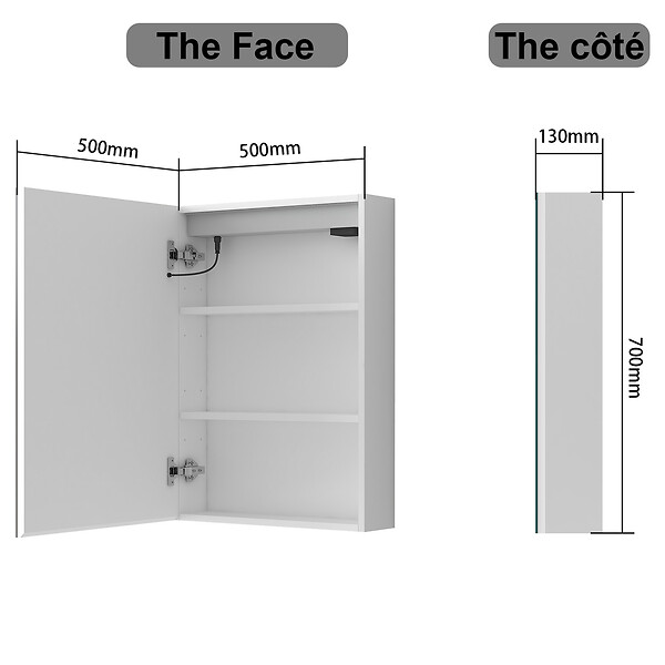 AICA SANITAIRE - Armoire Murale à 3 Étagères Salle de Bain Meuble de Rangement avec Miroir LED 3 Couleurs 70 x 13 x 50cm,Blanc - large