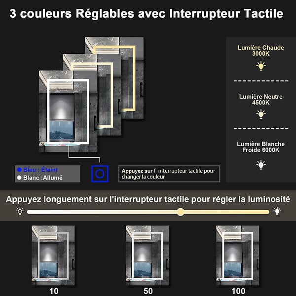 AICA SANITAIRE - Armoire Murale à 3 Étagères Salle de Bain Meuble de Rangement avec Miroir LED 3 Couleurs 70 x 13 x 50cm,Chêne - large