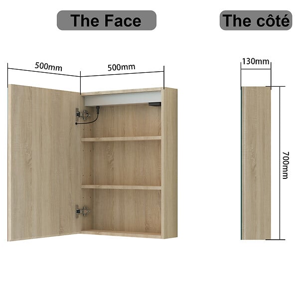 AICA SANITAIRE - Armoire Murale à 3 Étagères Salle de Bain Meuble de Rangement avec Miroir LED 3 Couleurs 70 x 13 x 50cm,Chêne - large