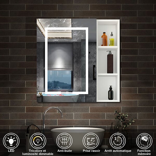 AICA SANITAIRE - Armoire Murale Miroir LED Salle de Bain Meuble de Rangement avec Étagères,Blanc - large