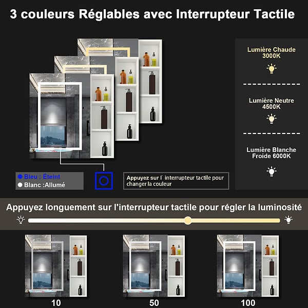 AICA SANITAIRE - Armoire Murale Miroir LED Salle de Bain Meuble de Rangement avec Étagères,Blanc - large