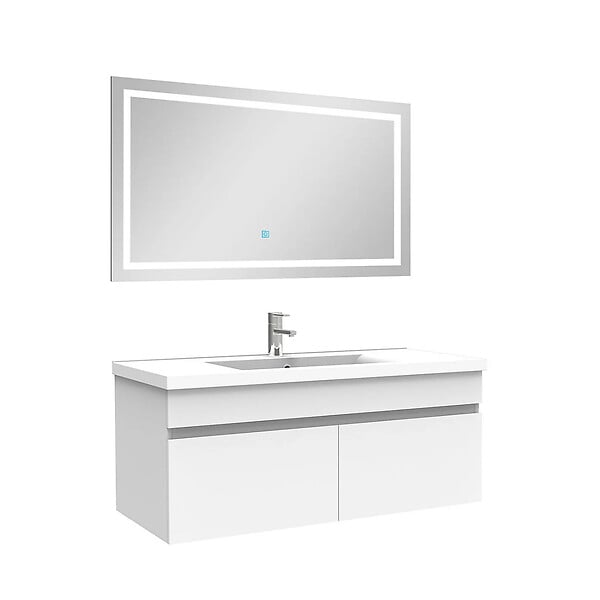 AICA SANITAIRE - AICA Ensemble de Meubles Mural Salle de Bain 100cm avec Céramique Vasque et Miroir Lumineux,4 Pièces Blanc - large
