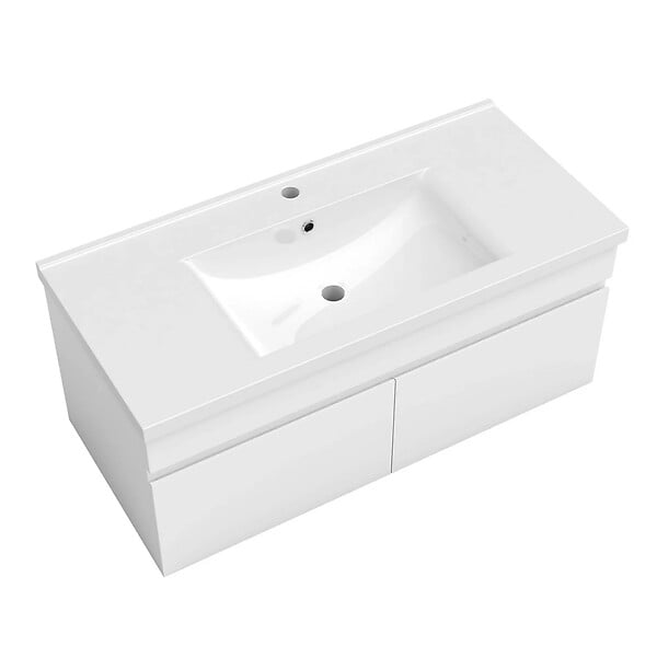 AICA SANITAIRE - AICA Ensemble de Meubles Mural Salle de Bain 100cm avec Céramique Vasque et Miroir Lumineux,4 Pièces Blanc - large
