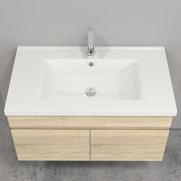 AICA SANITAIRE - AICA Ensemble de Meubles Mural Salle de Bain 80cm avec Céramique Vasque et Miroir Lumineux,4 Pièces Chêne - large