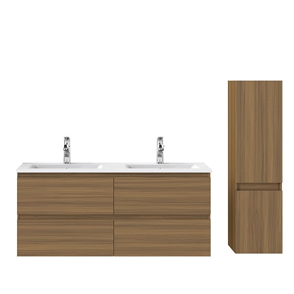 AICA SANITAIRE - AICA Ensemble de Meuble Double Vasque 120 cm Salle de Bain, Meuble sous lavabo suspendu,Fonction soft-close,3 pièces Noyer - large