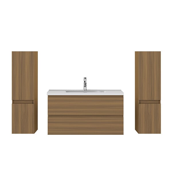 AICA SANITAIRE - AICA Ensemble de Meubles Salle de Bain avec Vasque 100cm, Meuble sous lavabo suspendu,Fonction soft-close,4 pièces Noyer - large