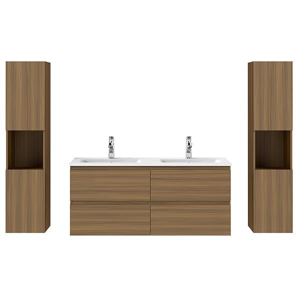 AICA SANITAIRE - AICA Ensemble de Meuble Double Vasque 120 cm Salle de Bain, Meuble sous lavabo suspendu,Fonction soft-close,4 pièces Noyer - large