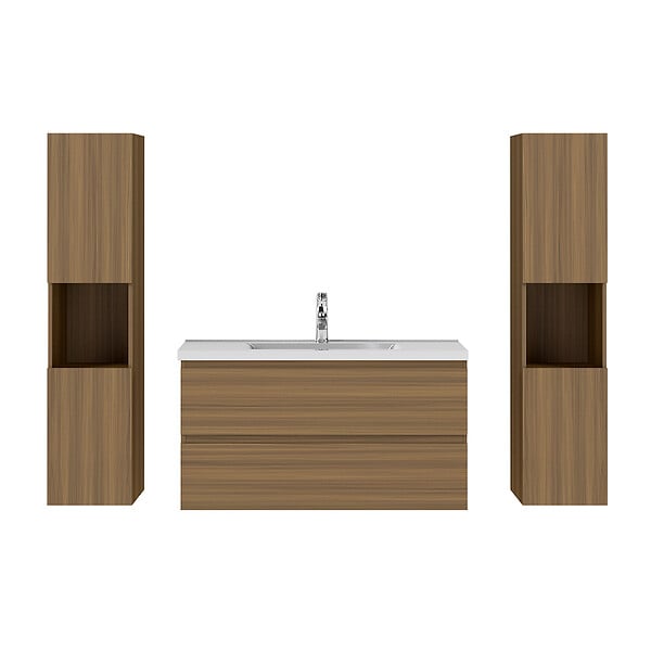 AICA SANITAIRE - AICA Ensemble de Meubles Salle de Bain avec Vasque 100cm, Meuble sous lavabo suspendu,Fonction soft-close,4 pièces Noyer - large