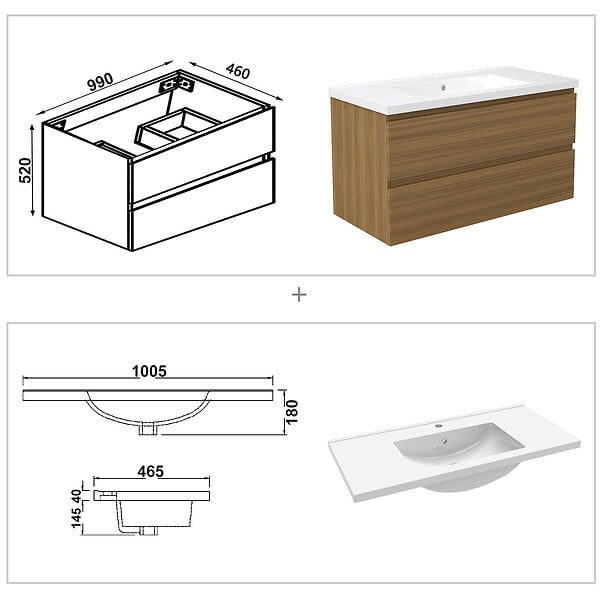 AICA SANITAIRE - AICA Ensemble de Meubles Salle de Bain avec Vasque 100cm, Meuble sous lavabo suspendu,Fonction soft-close,4 pièces Noyer - large