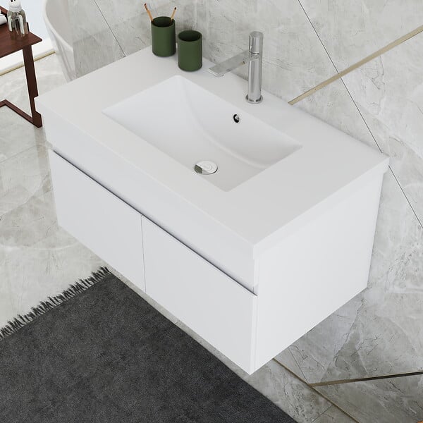 AICA SANITAIRE - AICA Ensemble de Meubles Mural Salle de Bain 80cm avec Céramique Vasque et Miroir Lumineux,4 Pièces Blanc - large