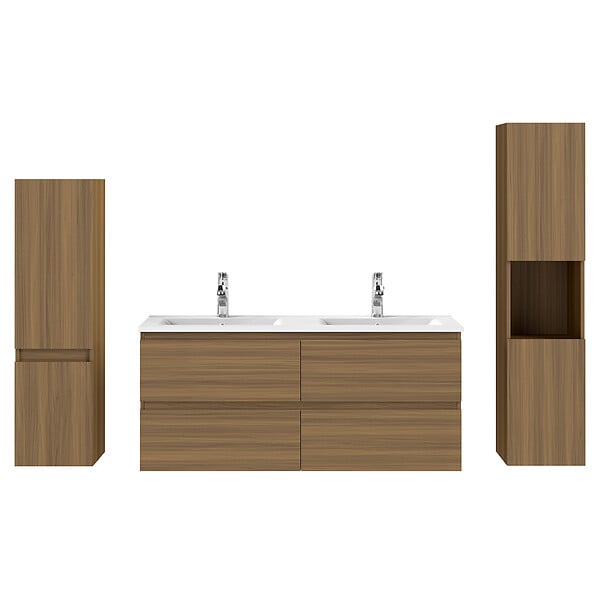 AICA SANITAIRE - AICA Ensemble de Meuble Double Vasque 120 cm Salle de Bain, Meuble sous lavabo suspendu,Fonction soft-close,4 pièces Noyer - large
