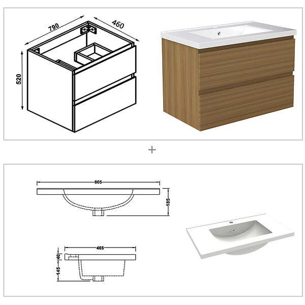 AICA SANITAIRE - AICA Ensemble de Meubles Salle de Bain avec Vasque 80cm, Meuble sous lavabo suspendu,Fonction soft-close,3 pièces Noyer - large