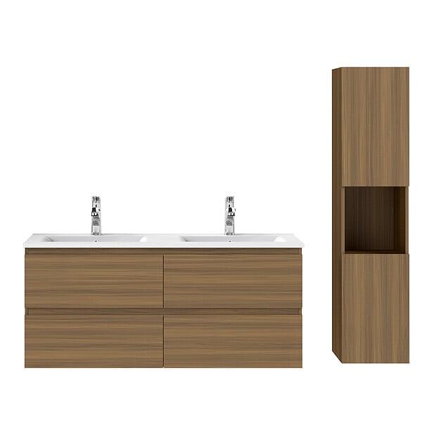 AICA SANITAIRE - AICA Ensemble de Meuble Double Vasque 120 cm Salle de Bain, Meuble sous lavabo suspendu,Fonction soft-close,3 pièces Noyer - large