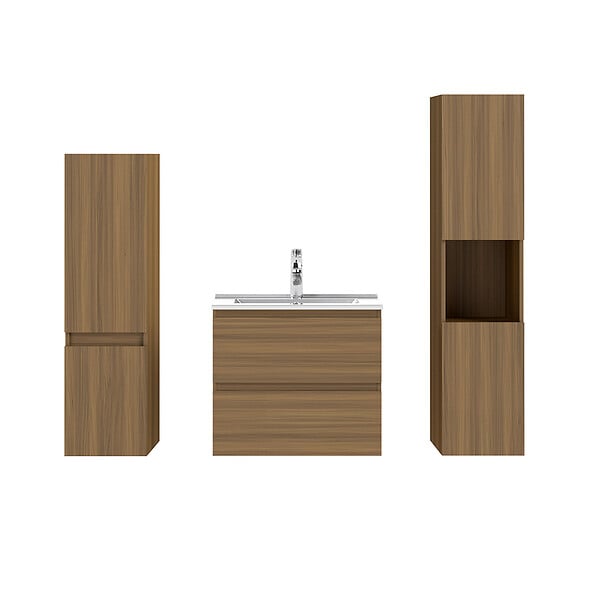 AICA SANITAIRE - AICA Ensemble de Meubles Salle de Bain avec Vasque 60cm, Meuble sous lavabo suspendu,Fonction soft-close,4 pièces Noyer - large
