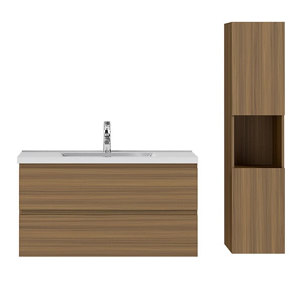 AICA SANITAIRE - AICA Ensemble de Meubles Salle de Bain avec Vasque 100cm, Meuble sous lavabo suspendu,Fonction soft-close,3 pièces Noyer - large