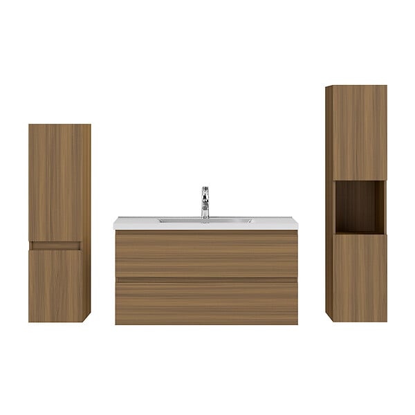 AICA SANITAIRE - AICA Ensemble de Meubles Salle de Bain avec Vasque 100cm, Meuble sous lavabo suspendu,Fonction soft-close,4 pièces Noyer - large
